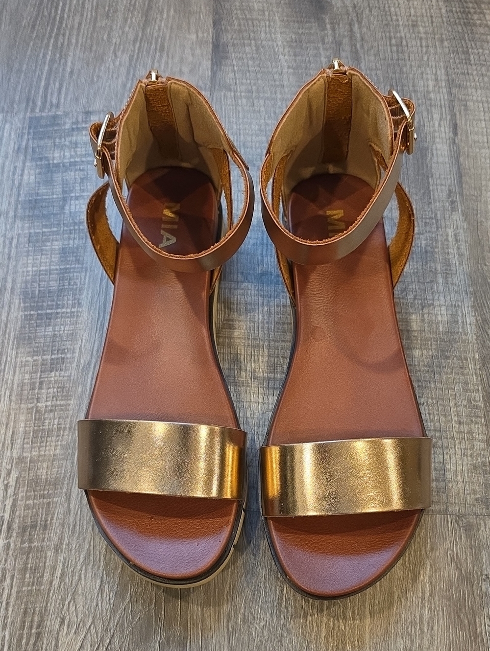 MIA Metallic Gold and Brown Ankle-Strap Sandals
